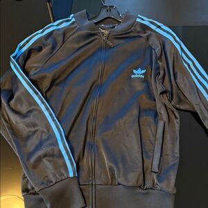 Vintage Adidas Men's Black Bomber Jacket with Blue Accents